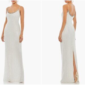 MAC DUGGAL LATTICE BEADED SPAGHETTI STRAP WHITE COLUMN GOWN sz 4